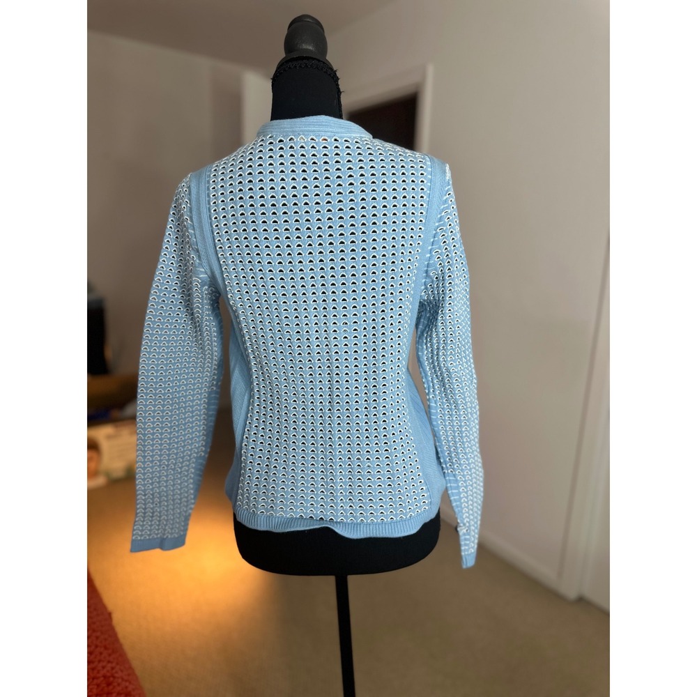 Tory Burch Light Blue White Pointelle Eyelet Knit Crewneck Sweater Womens M - Picture 2 of 8